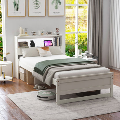 Twin Size Bed Frame with Storage Headboard and Charging Station, White Toddler Beds   at Gallery Canada