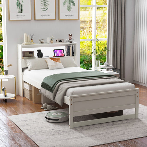 Twin Size Bed Frame with Storage Headboard and Charging Station, White