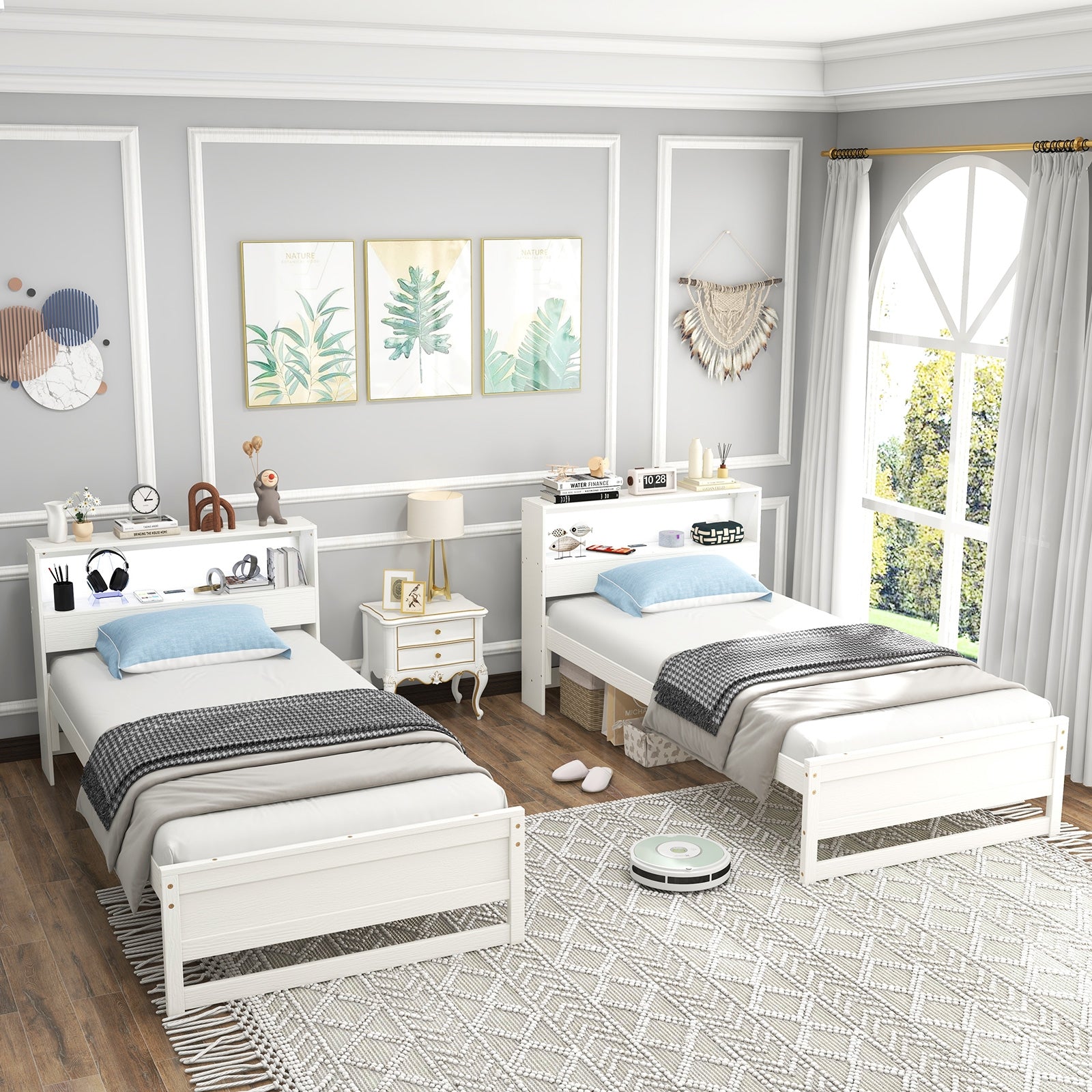 Twin Size Bed Frame with Storage Headboard and Charging Station, White Toddler Beds   at Gallery Canada