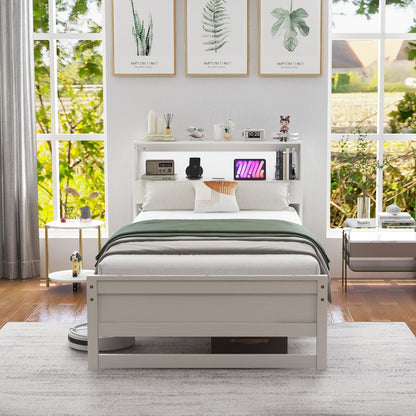 Twin Size Bed Frame with Storage Headboard and Charging Station, White Toddler Beds   at Gallery Canada