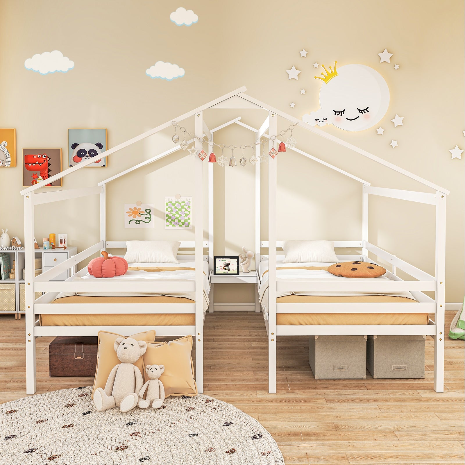 Double Twin Size Wooden Bed Frames with Built-in Table for Kids, White Bunk Bed Frame   at Gallery Canada