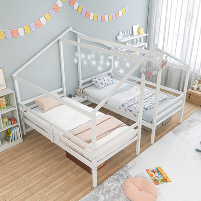 Double Twin Size Wooden Bed Frames with Built-in Table for Kids, White Bunk Bed Frame   at Gallery Canada