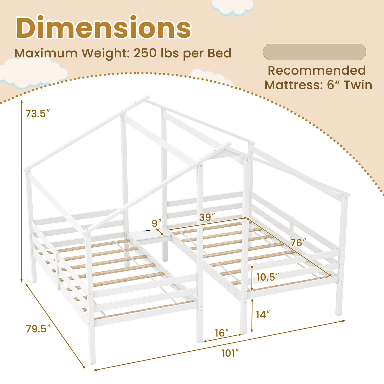 Double Twin Size Wooden Bed Frames with Built-in Table for Kids, White Bunk Bed Frame   at Gallery Canada