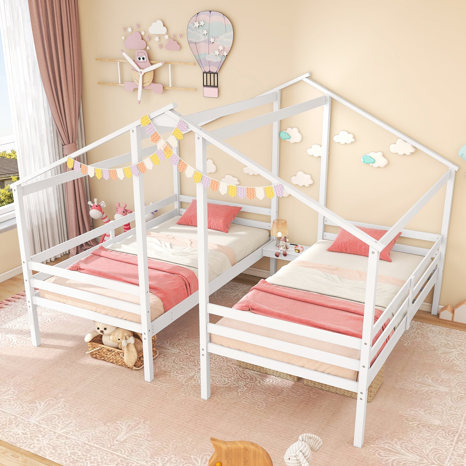 Double Twin Size Wooden Bed Frames with Built-in Table for Kids, White Bunk Bed Frame   at Gallery Canada