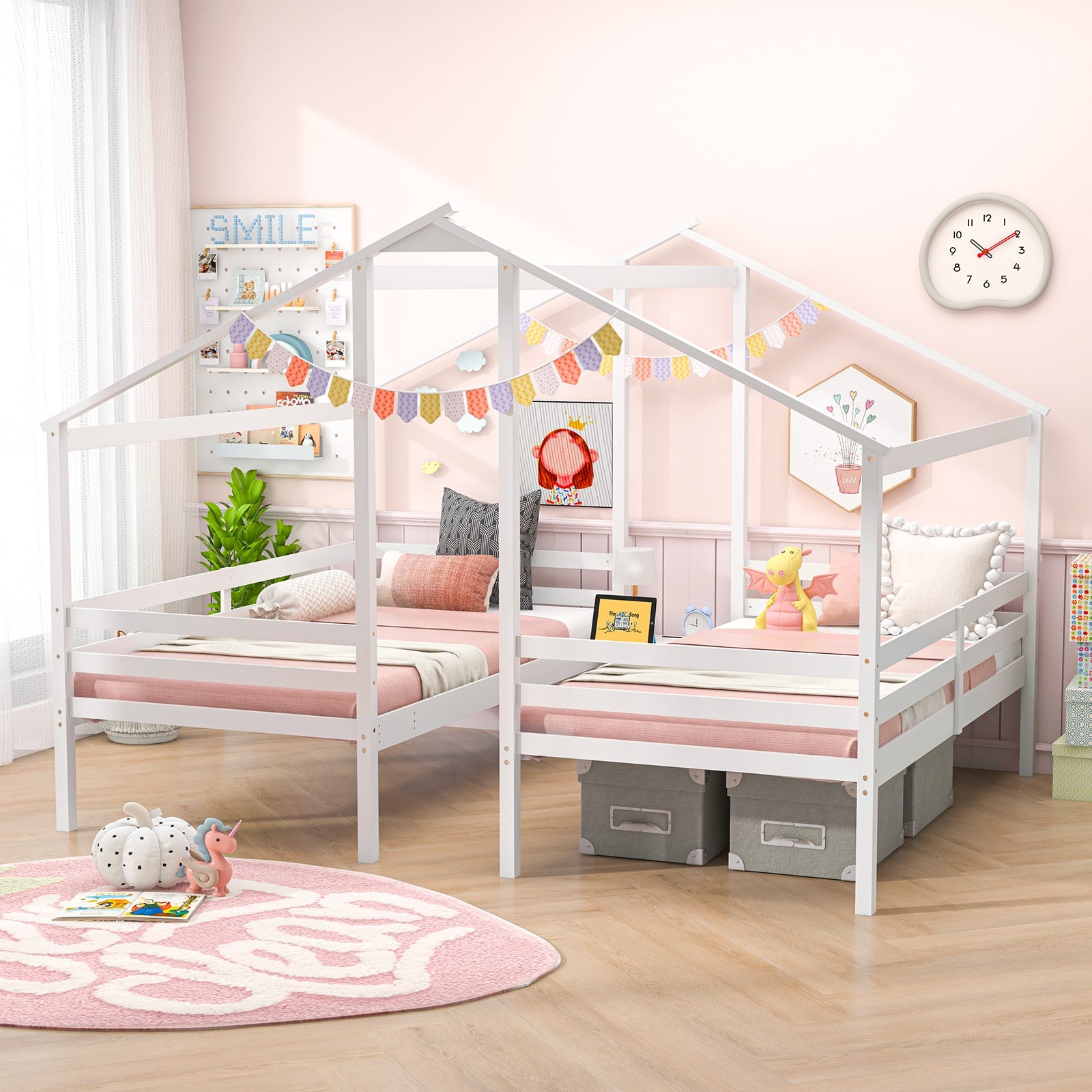 Double Twin Size Wooden Bed Frames with Built-in Table for Kids, White Bunk Bed Frame   at Gallery Canada