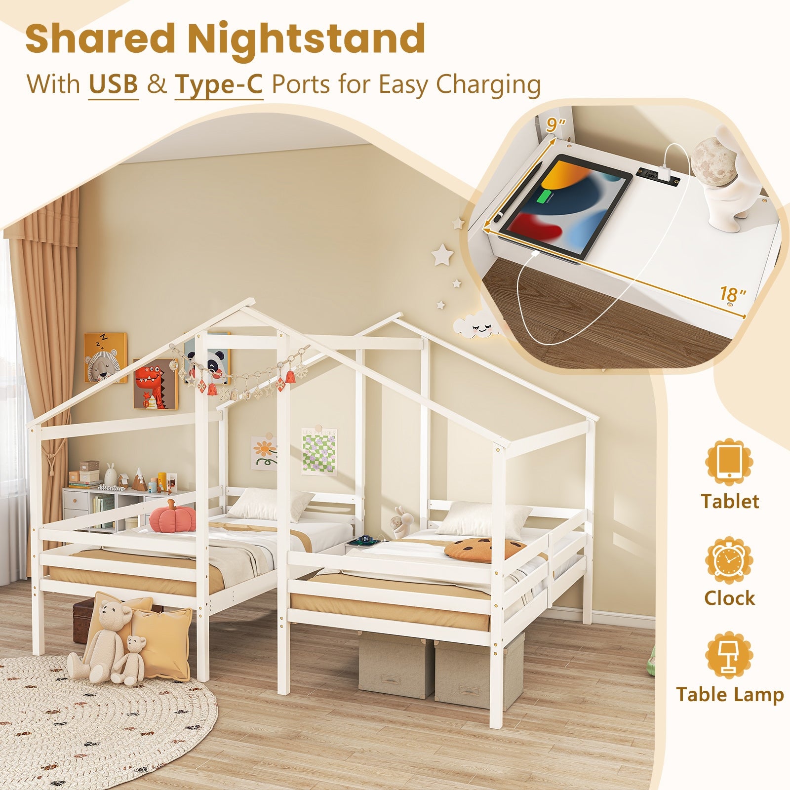 Double Twin Size Wooden Bed Frames with Built-in Table for Kids, White Bunk Bed Frame   at Gallery Canada