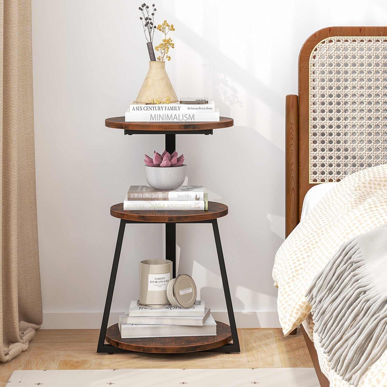 3-Tier Accent Round Side Table with Metal Frame-1 Piece, Rustic Brown End & Side Tables   at Gallery Canada