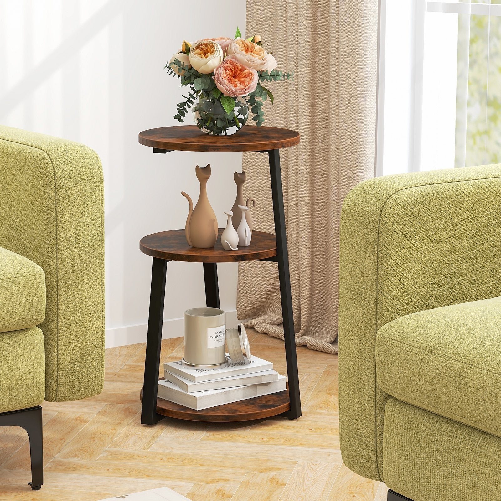 3-Tier Accent Round Side Table with Metal Frame-1 Piece, Rustic Brown End & Side Tables   at Gallery Canada