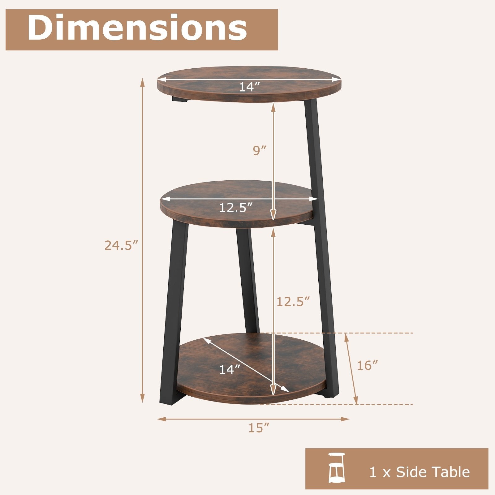 3-Tier Accent Round Side Table with Metal Frame-1 Piece, Rustic Brown End & Side Tables   at Gallery Canada