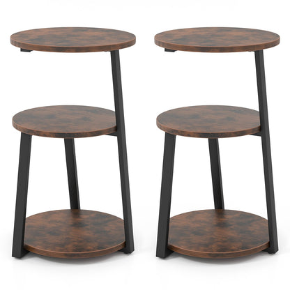 3-Tier Accent Round Side Table with Metal Frame-Set of 2, Rustic Brown End & Side Tables Set of 2 - Rustic Brown  at Gallery Canada