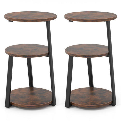 3-Tier Accent Round Side Table with Metal Frame-Set of 2, Rustic Brown