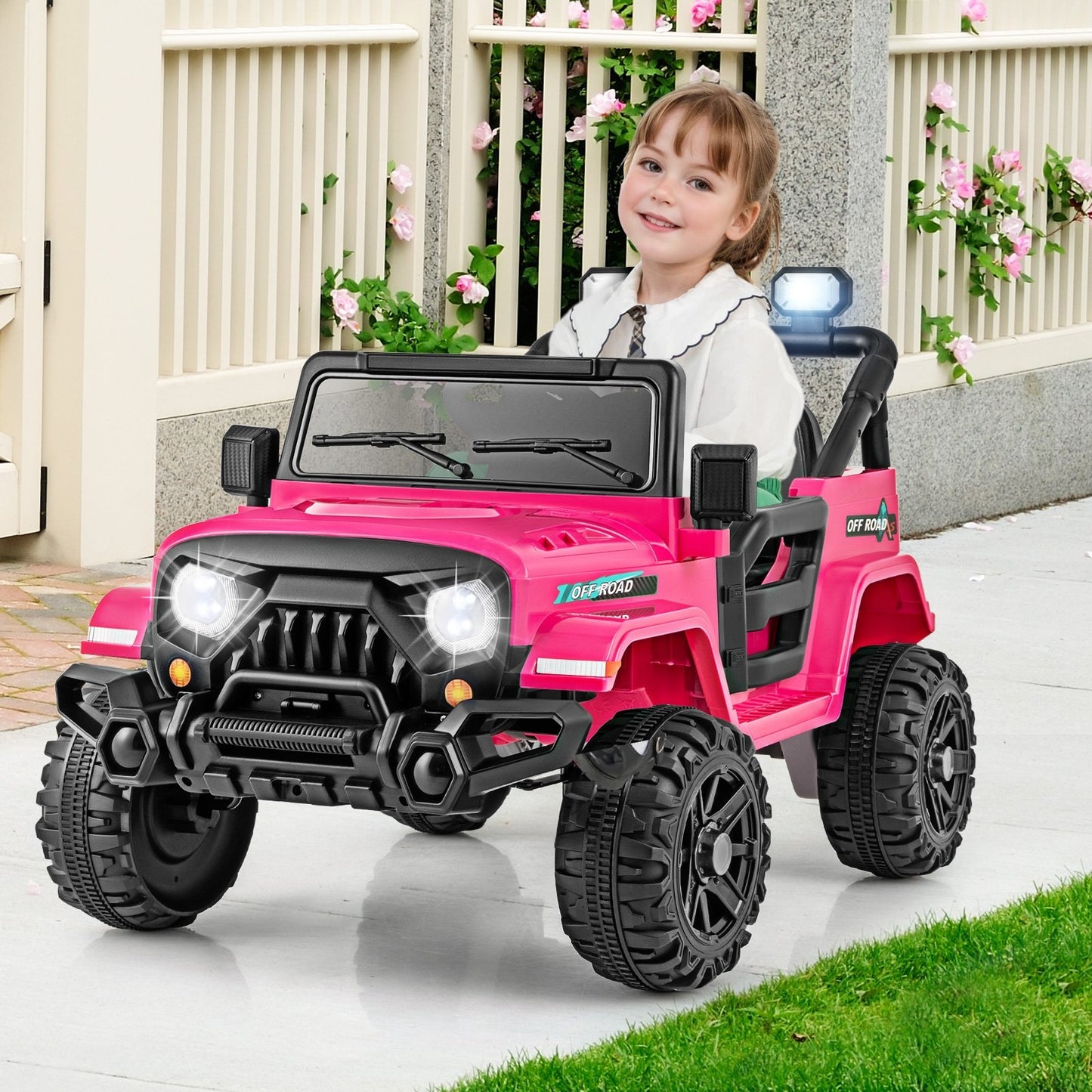 12V Kids Ride on Truck Car with Remote Control Threaded Wheels and 3 Speeds, Pink Powered Ride On Toys   at Gallery Canada