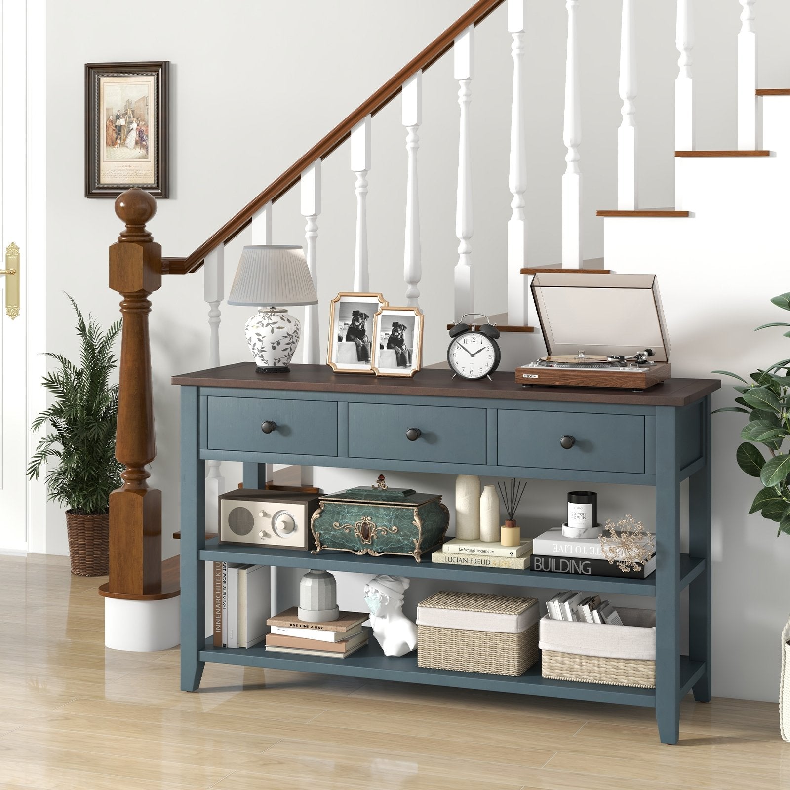 50 Inch Entryway Table Narrow Long Sofa Table with Drawers and Shelves, Dark Blue Console Tables   at Gallery Canada