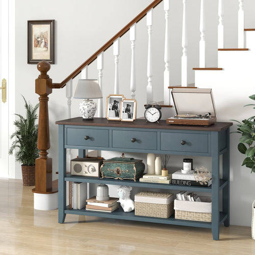 50 Inch Entryway Table Narrow Long Sofa Table with Drawers and Shelves, Dark Blue