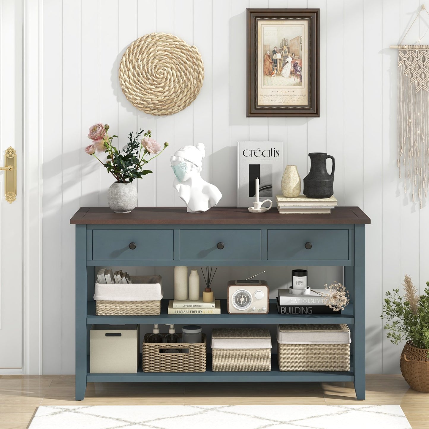 50 Inch Entryway Table Narrow Long Sofa Table with Drawers and Shelves, Dark Blue Console Tables   at Gallery Canada