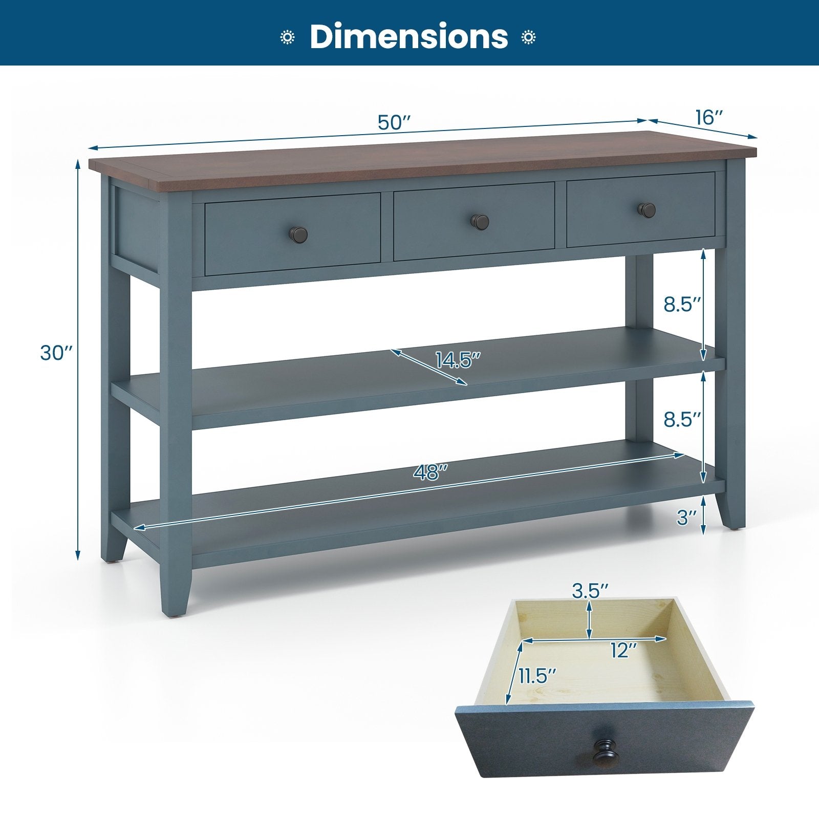 50 Inch Entryway Table Narrow Long Sofa Table with Drawers and Shelves, Dark Blue Console Tables   at Gallery Canada