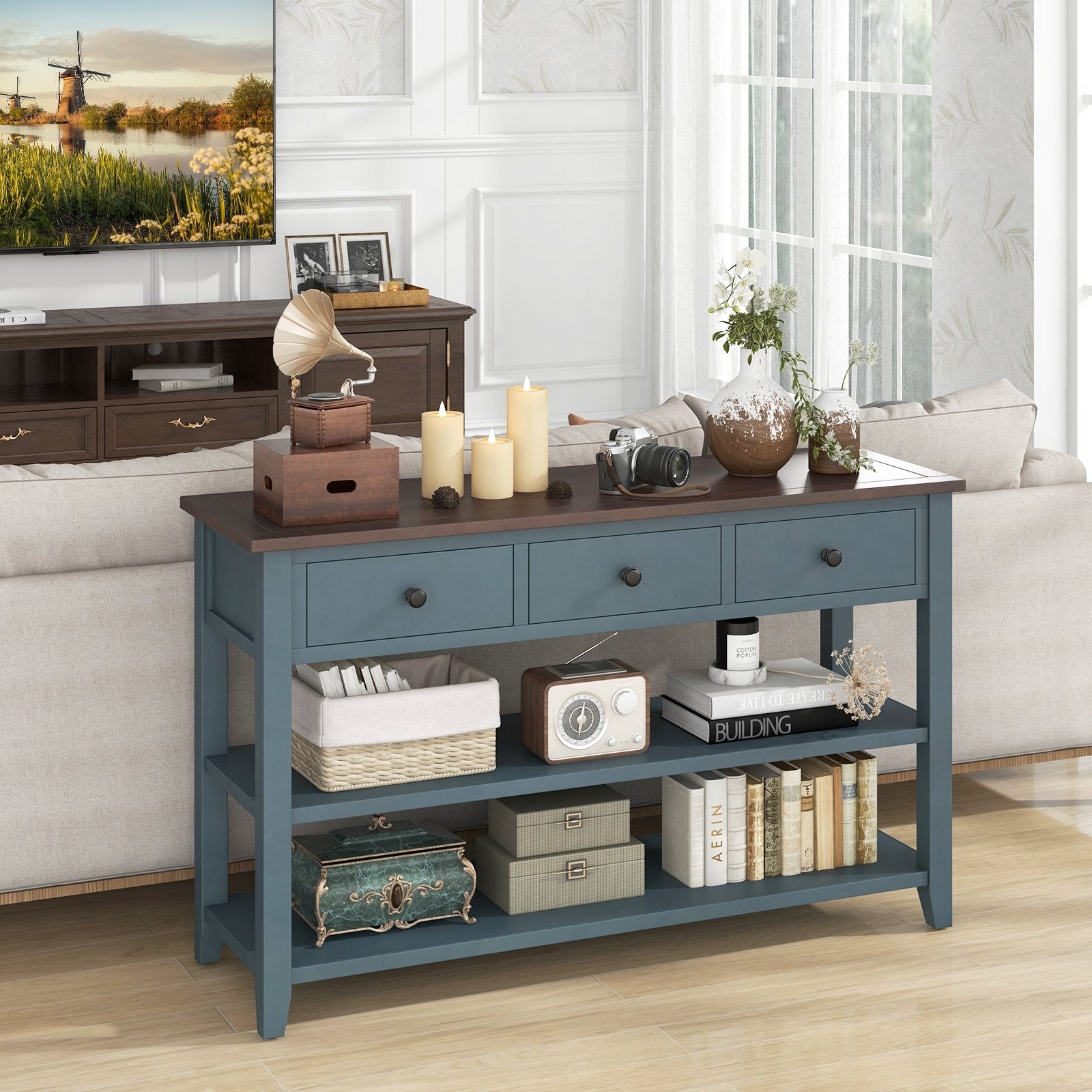 50 Inch Entryway Table Narrow Long Sofa Table with Drawers and Shelves, Dark Blue Console Tables   at Gallery Canada