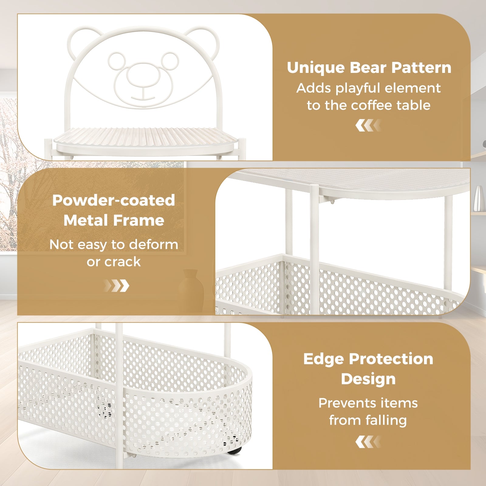 2-Tier Mobile Glass Coffee Table with Bear Pattern, White Coffee Tables   at Gallery Canada