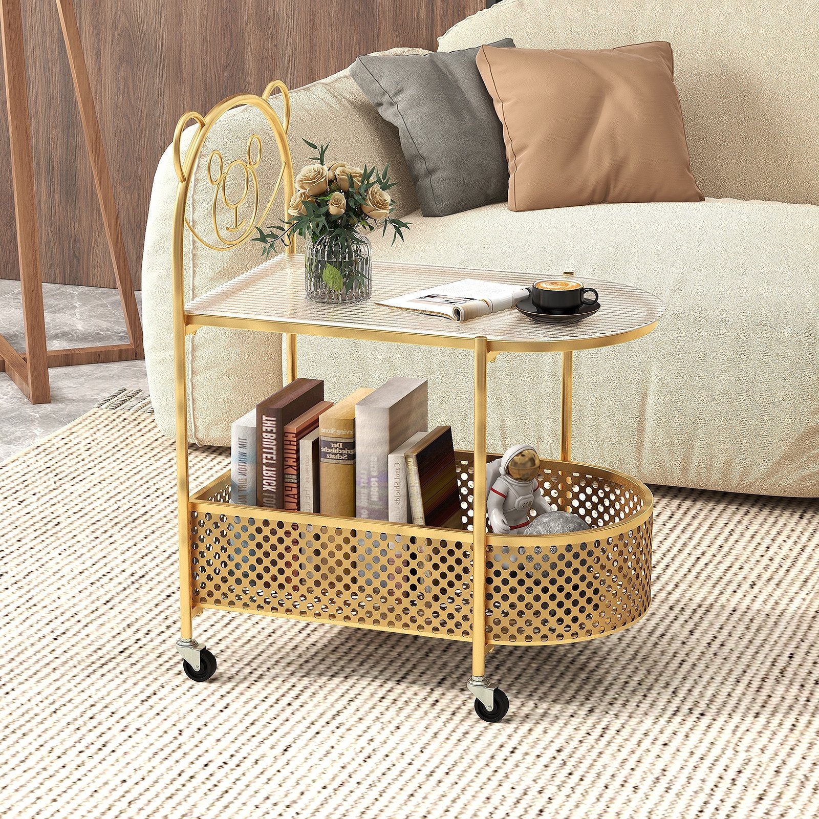 2-Tier Mobile Glass Coffee Table with Bear Pattern, Golden Coffee Tables   at Gallery Canada