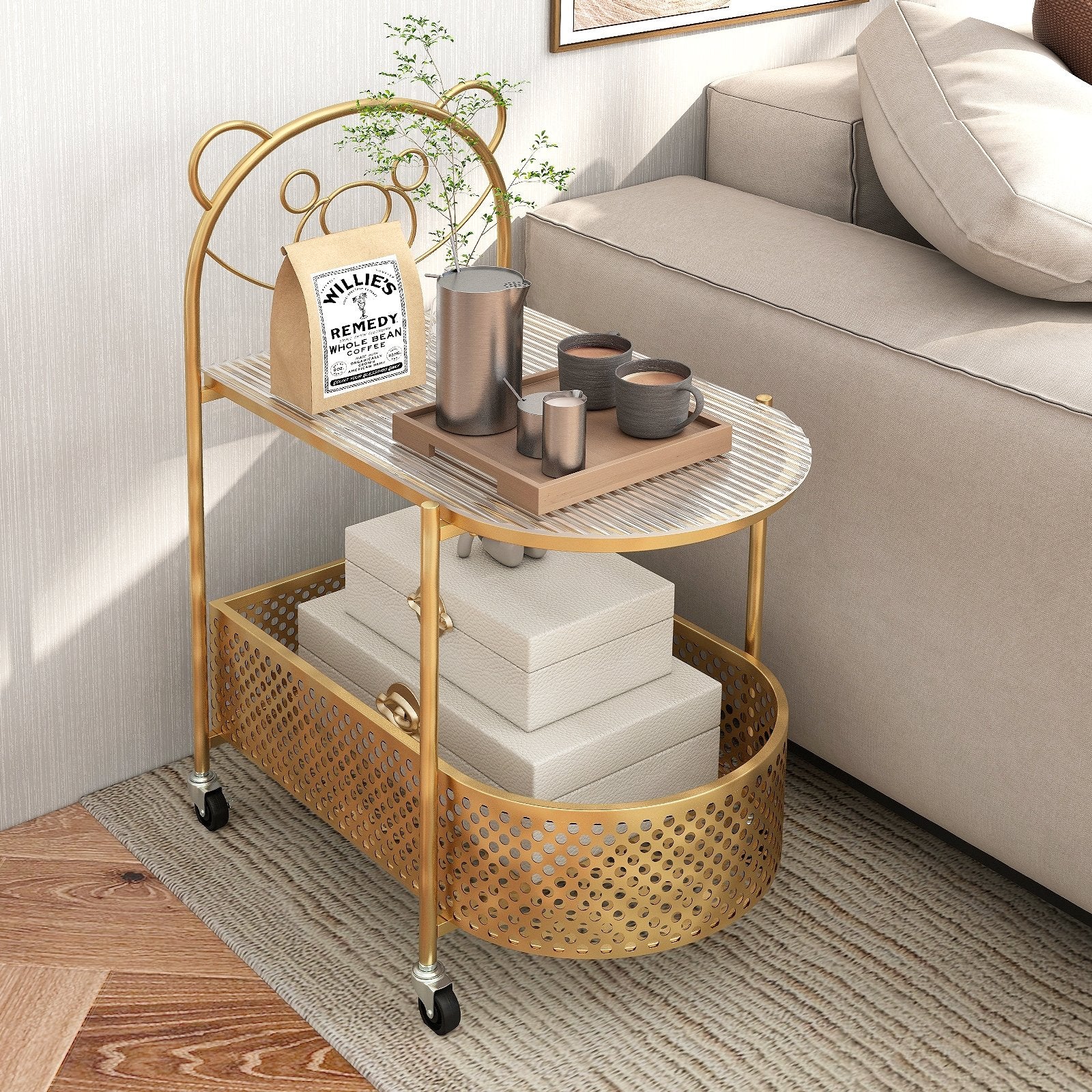 2-Tier Mobile Glass Coffee Table with Bear Pattern, Golden Coffee Tables   at Gallery Canada