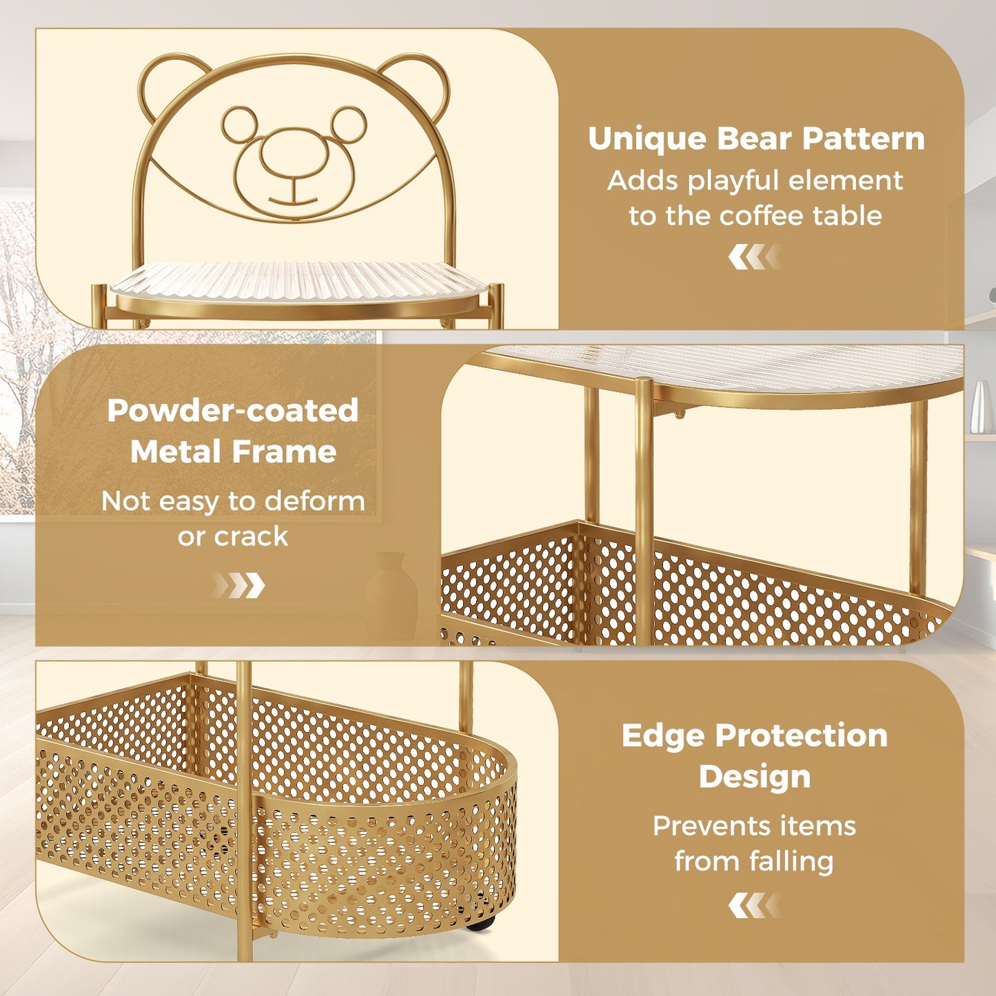 2-Tier Mobile Glass Coffee Table with Bear Pattern, Golden Coffee Tables   at Gallery Canada