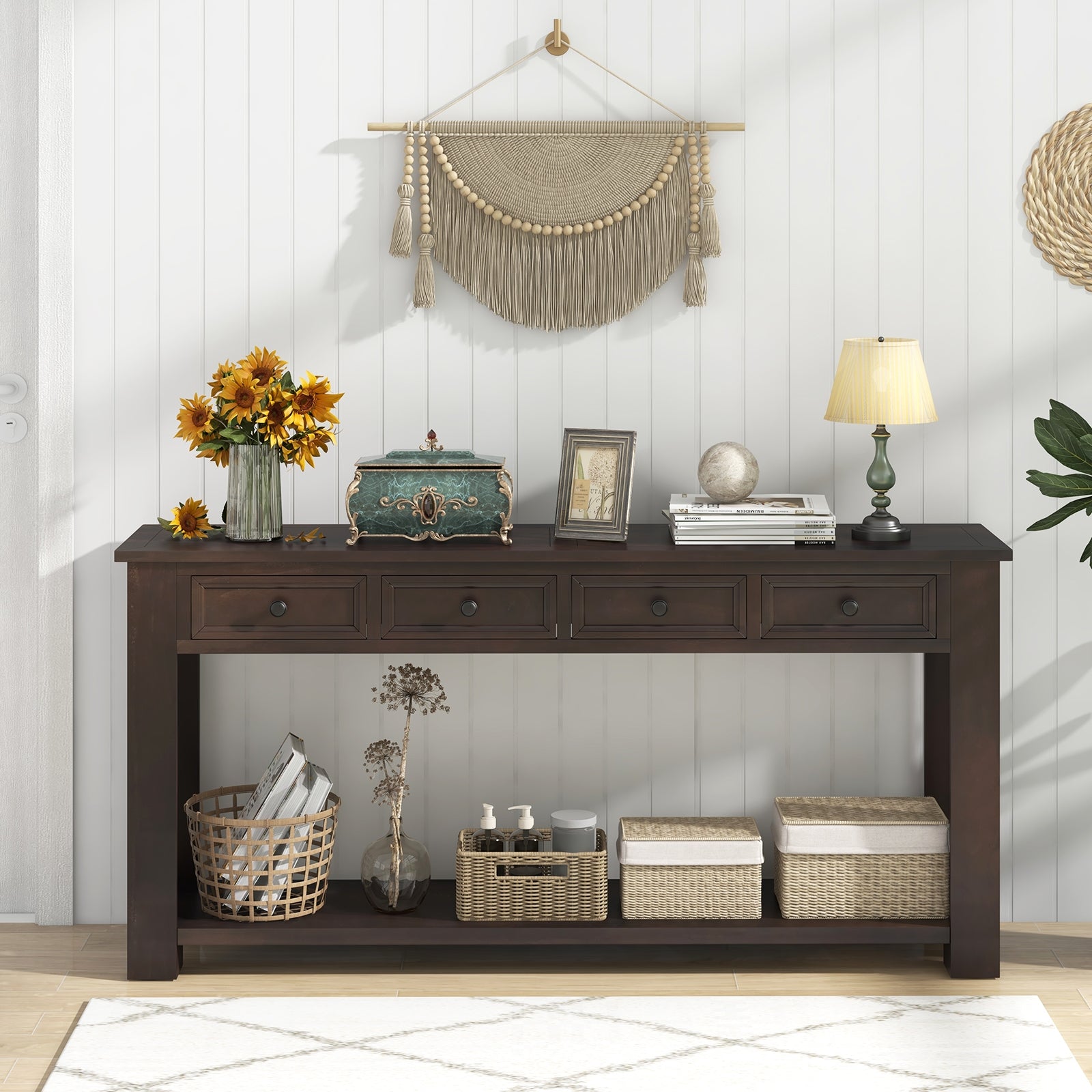 63 Inches Farmhouse Entryway Table with 4 Storage Drawers and Open Shelf, Espresso Console Tables   at Gallery Canada