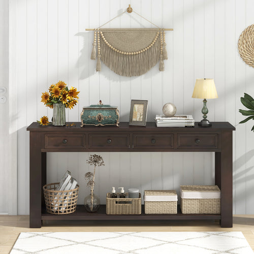 63 Inches Farmhouse Entryway Table with 4 Storage Drawers and Open Shelf, Espresso