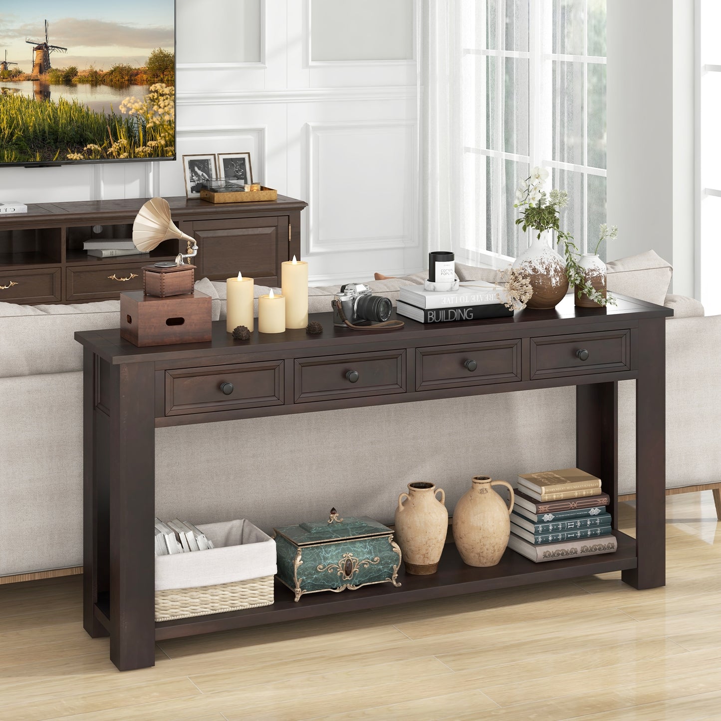 63 Inches Farmhouse Entryway Table with 4 Storage Drawers and Open Shelf, Espresso Console Tables   at Gallery Canada