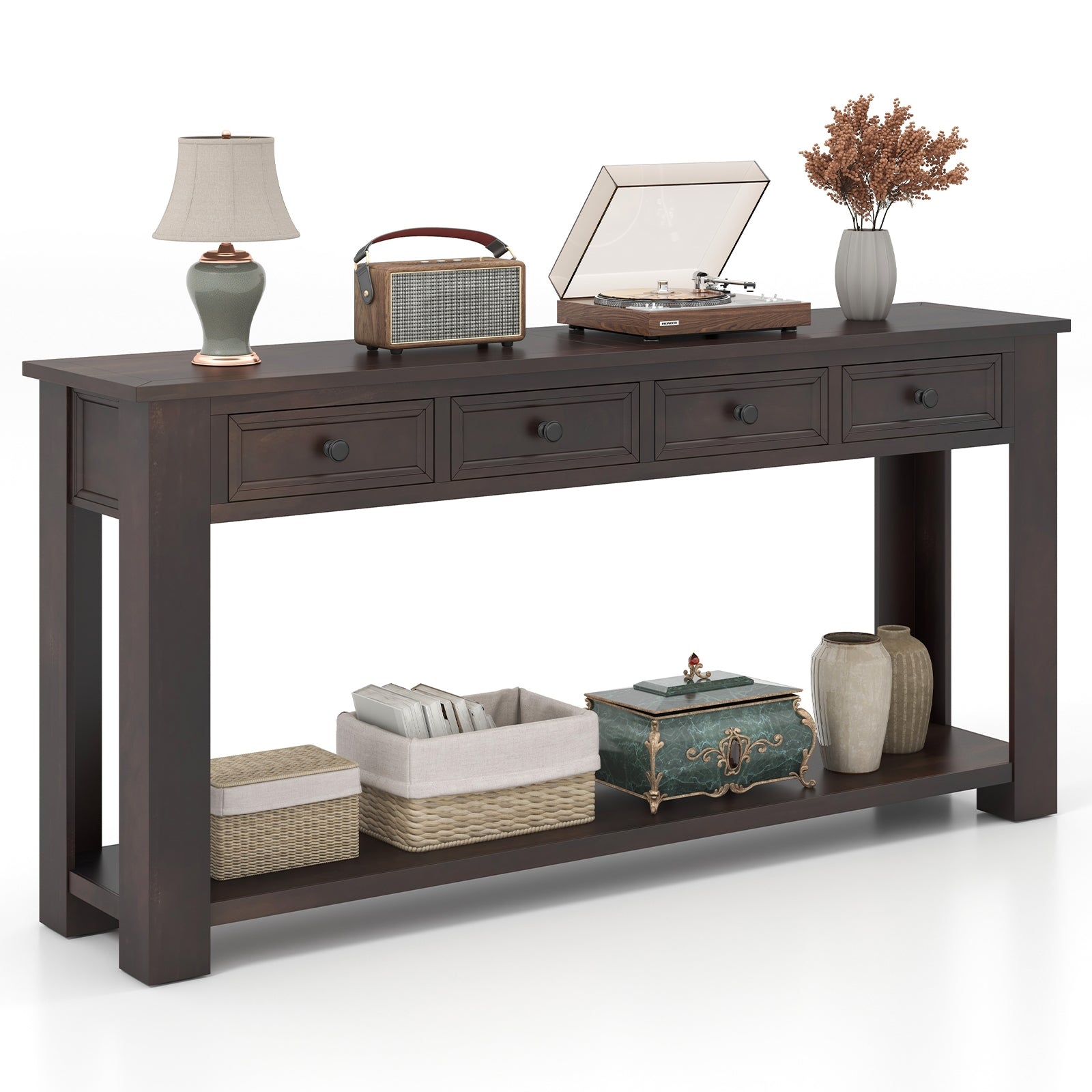 63 Inches Farmhouse Entryway Table with 4 Storage Drawers and Open Shelf, Espresso Console Tables   at Gallery Canada