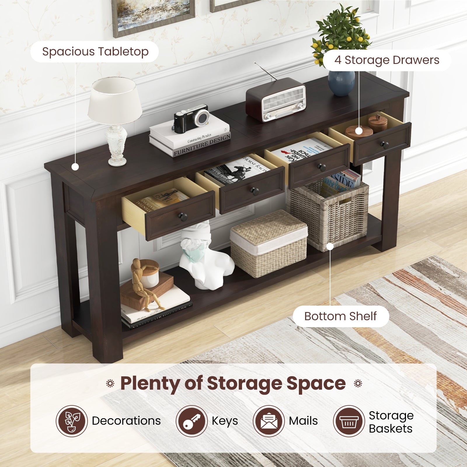 63 Inches Farmhouse Entryway Table with 4 Storage Drawers and Open Shelf, Espresso Console Tables   at Gallery Canada