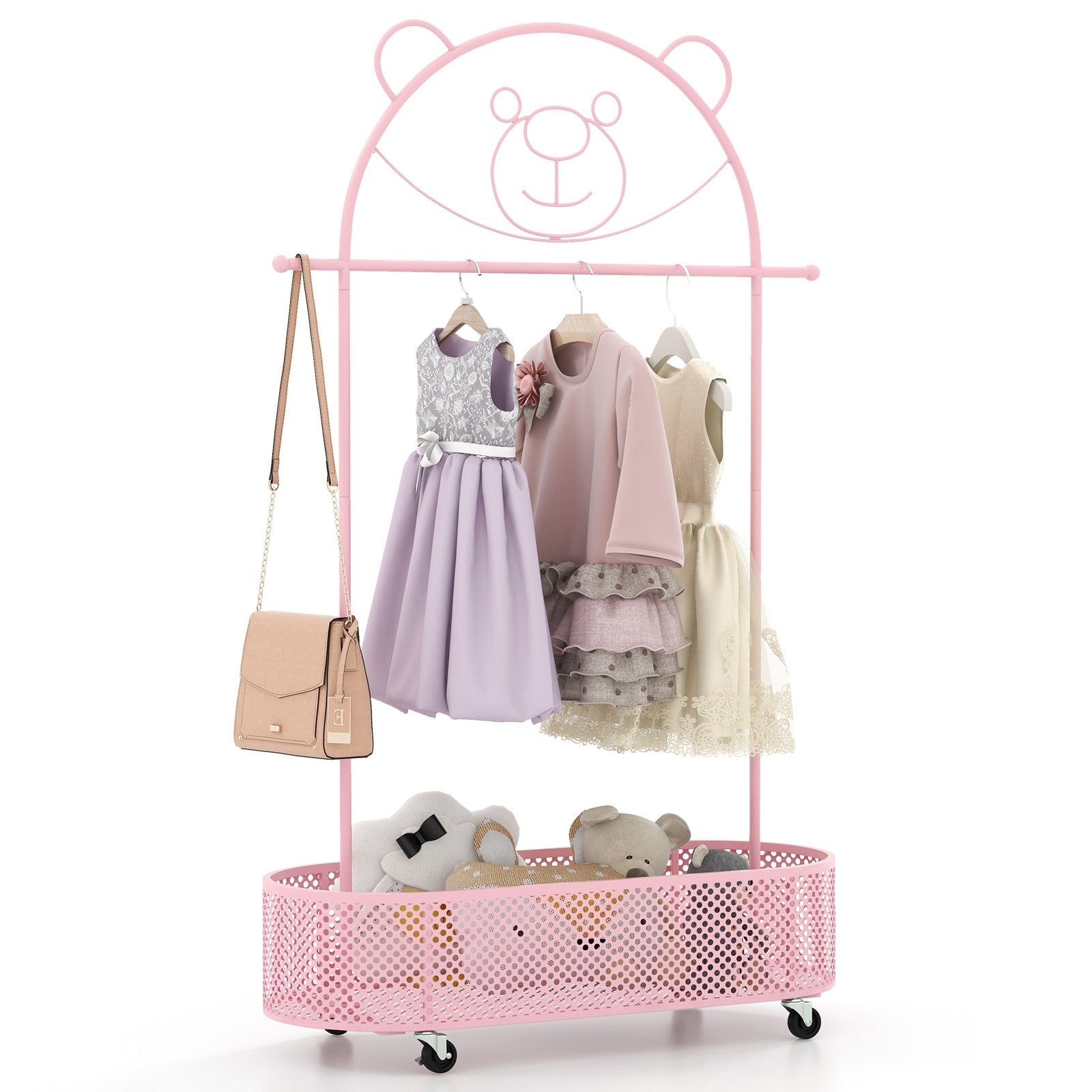 Kid Clothes Rack with 3 Adjustable Heights and Wheels, Pink Kids Storage Pink  at Gallery Canada