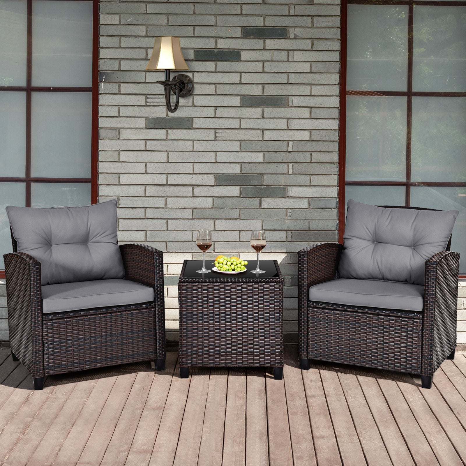 3 Pieces Rattan Patio Furniture Set with Washable Cushion, Gray Patio Conversation Sets   at Gallery Canada