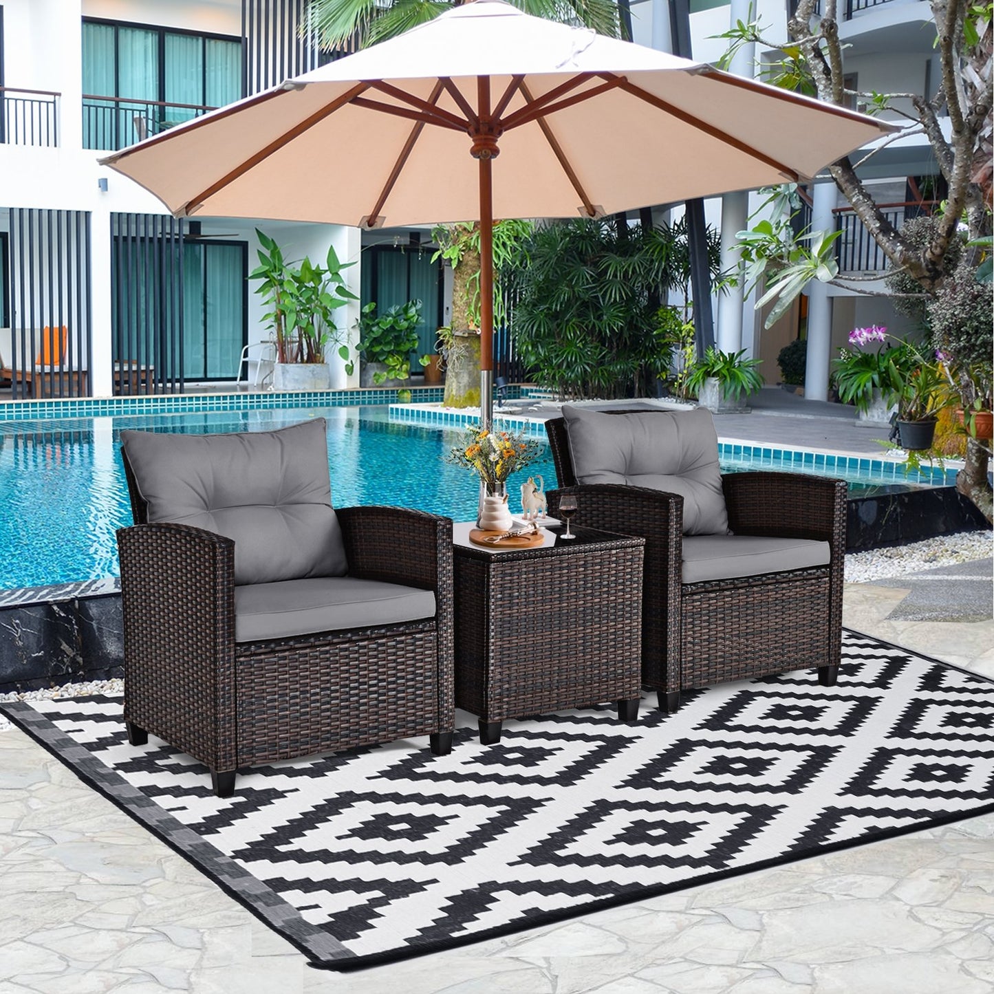 3 Pieces Rattan Patio Furniture Set with Washable Cushion, Gray Patio Conversation Sets   at Gallery Canada