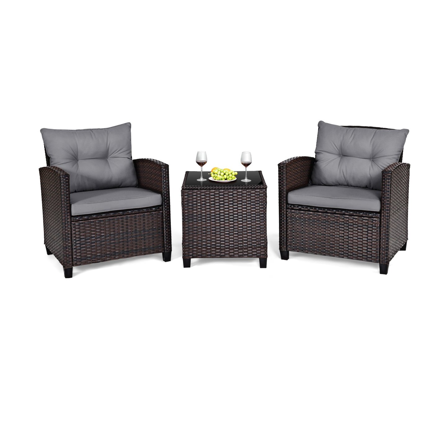 3 Pieces Rattan Patio Furniture Set with Washable Cushion, Gray Patio Conversation Sets Gray  at Gallery Canada