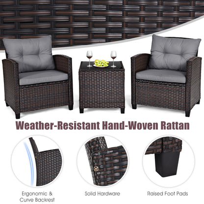 3 Pieces Rattan Patio Furniture Set with Washable Cushion, Gray Patio Conversation Sets   at Gallery Canada