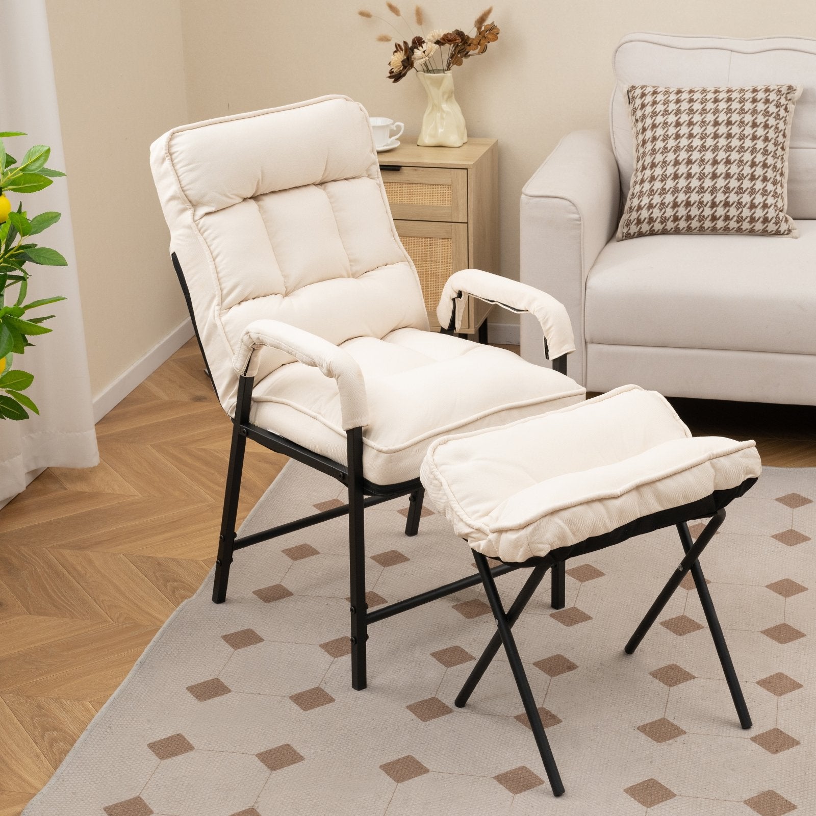 Linen Fabric Modern Accent Chair with Ottoman and Adjustable Backrest, Beige Accent Chairs   at Gallery Canada