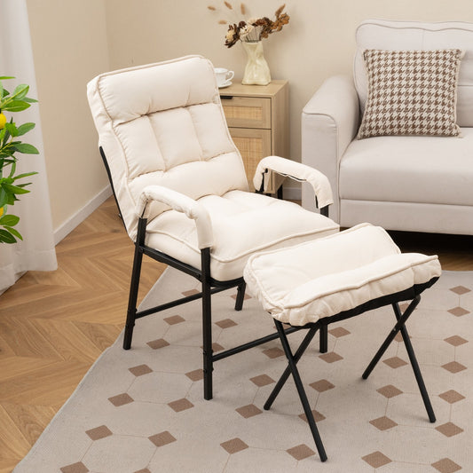 Linen Fabric Modern Accent Chair with Ottoman and Adjustable Backrest, Beige Accent Chairs Beige  at Gallery Canada