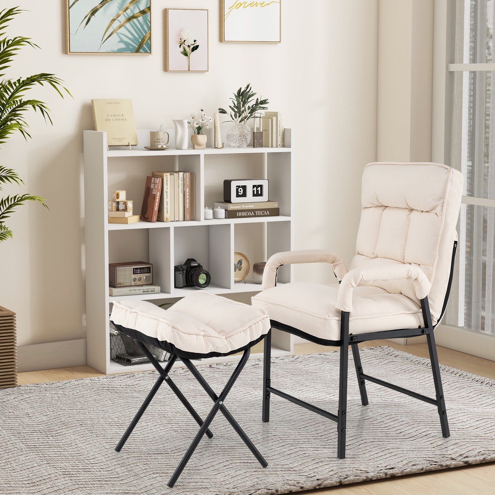 Linen Fabric Modern Accent Chair with Ottoman and Adjustable Backrest, Beige Accent Chairs   at Gallery Canada