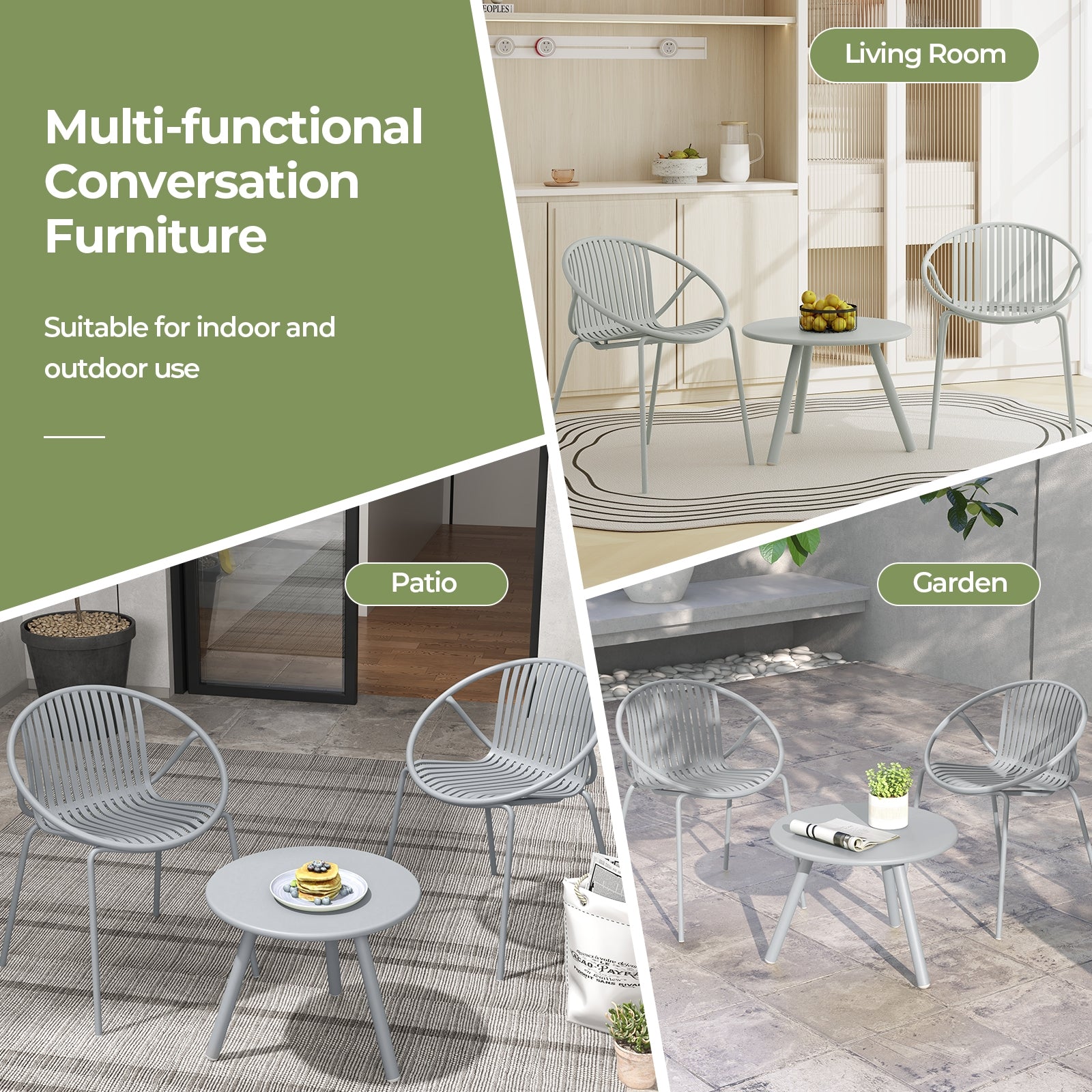 All Weather PP Patio Conversation Set with Round Coffee table and 2 Chairs, Gray Patio Conversation Sets   at Gallery Canada