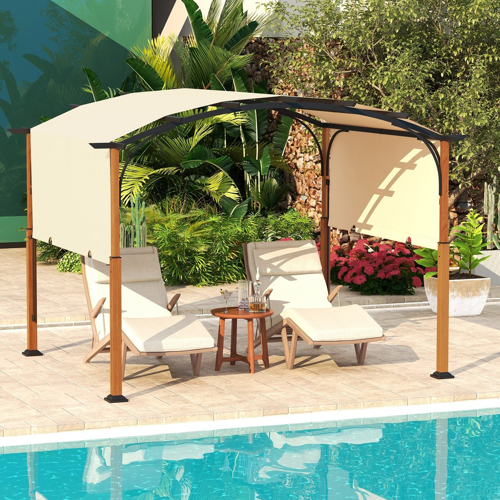 10 x 12 FT Outdoor Retractable Pergola with Retractable Canopy for Patio, Beige Gazebos   at Gallery Canada