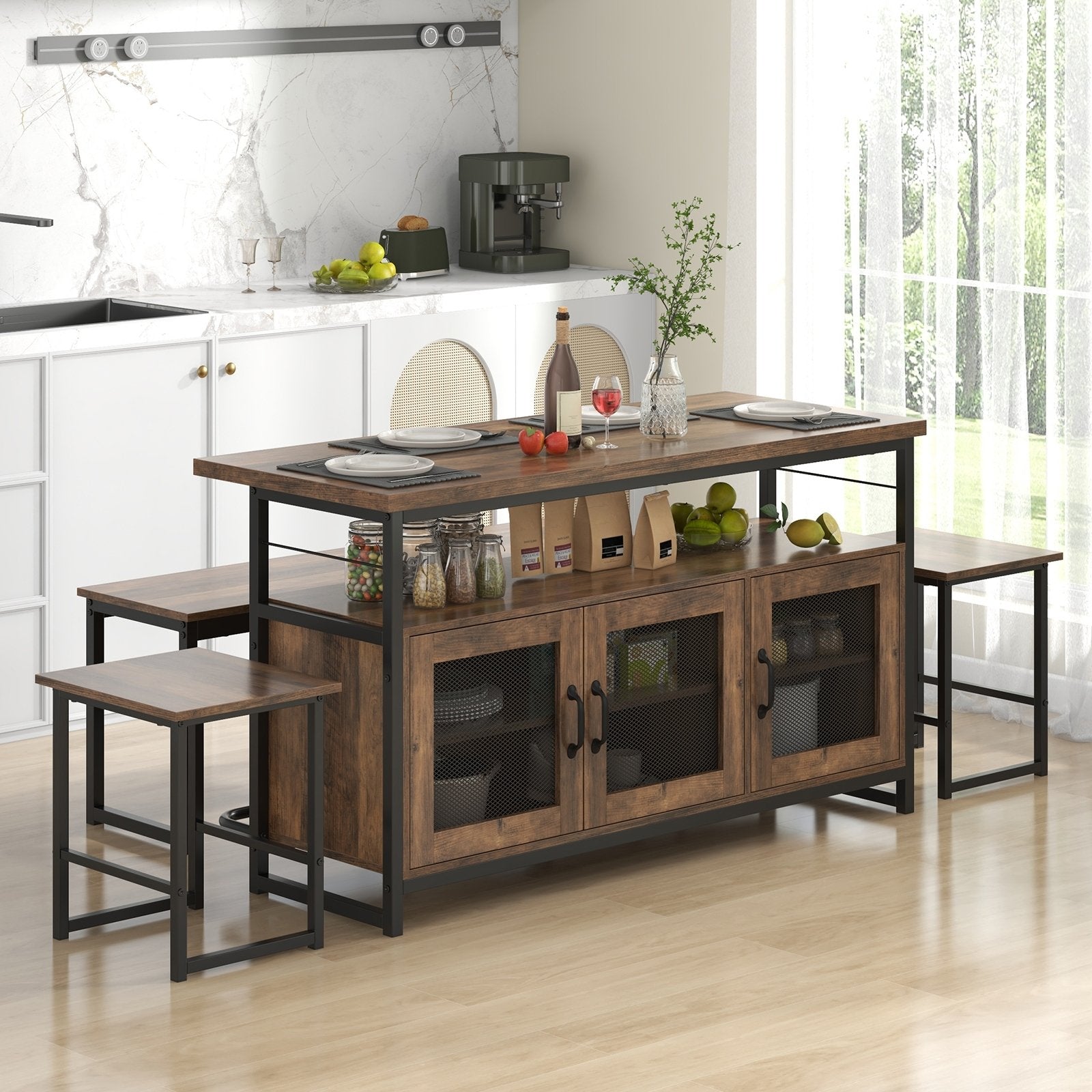 4 Piece Kitchen Island Set with Bench and Storage, Brown Dining Room Sets   at Gallery Canada