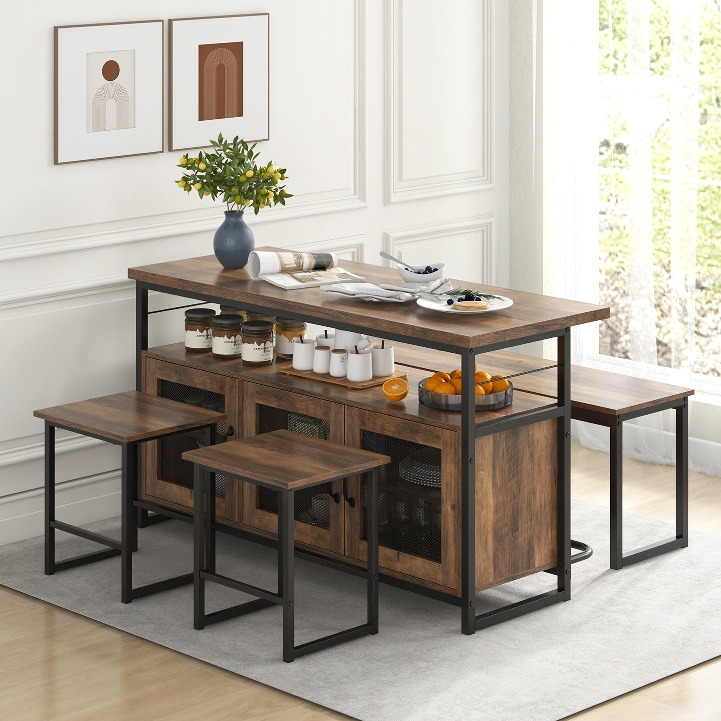 4 Piece Kitchen Island Set with Bench and Storage, Brown Dining Room Sets   at Gallery Canada