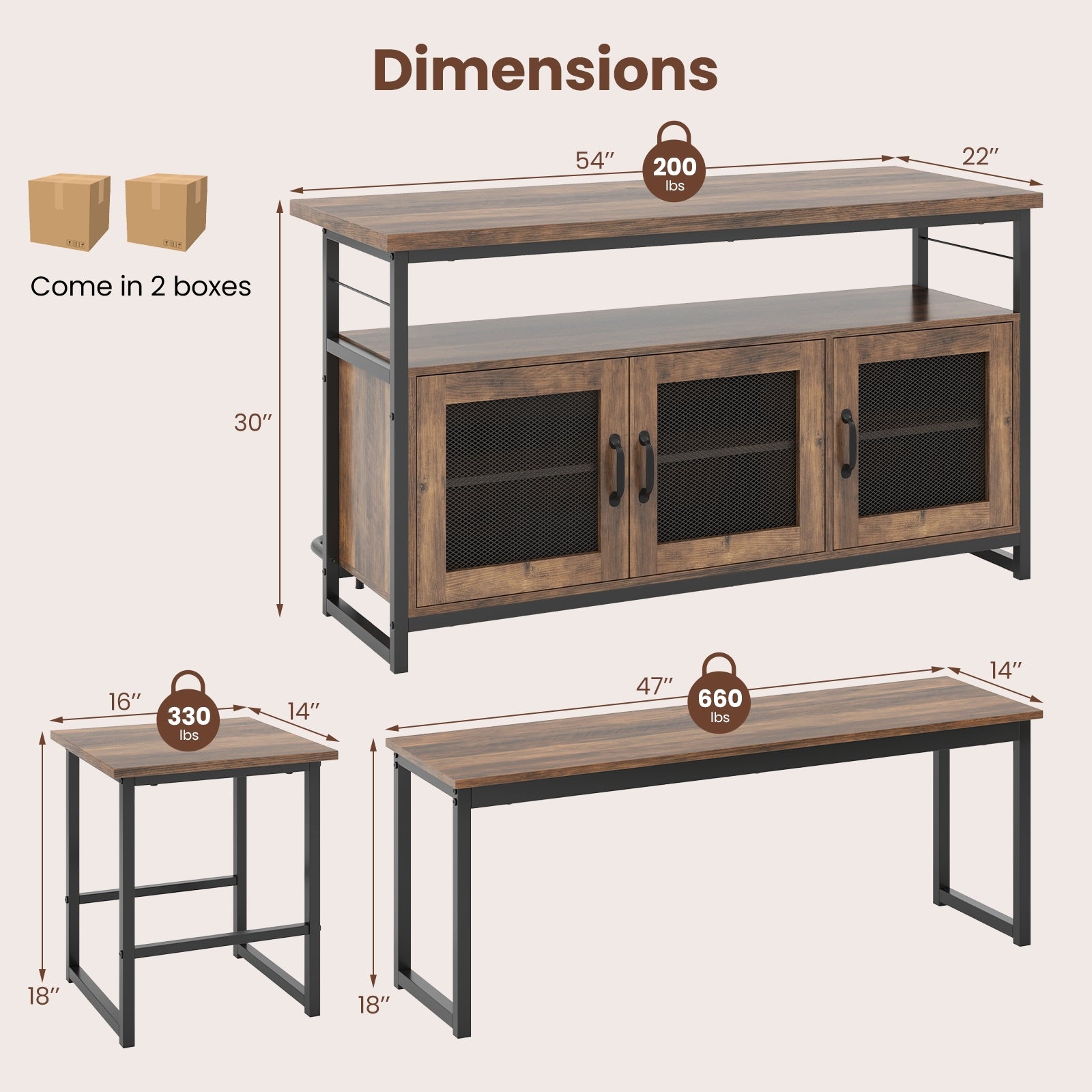 4 Piece Kitchen Island Set with Bench and Storage, Brown Dining Room Sets   at Gallery Canada