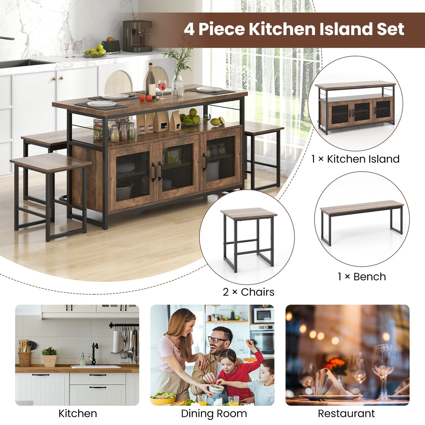 4 Piece Kitchen Island Set with Bench and Storage, Brown Dining Room Sets   at Gallery Canada