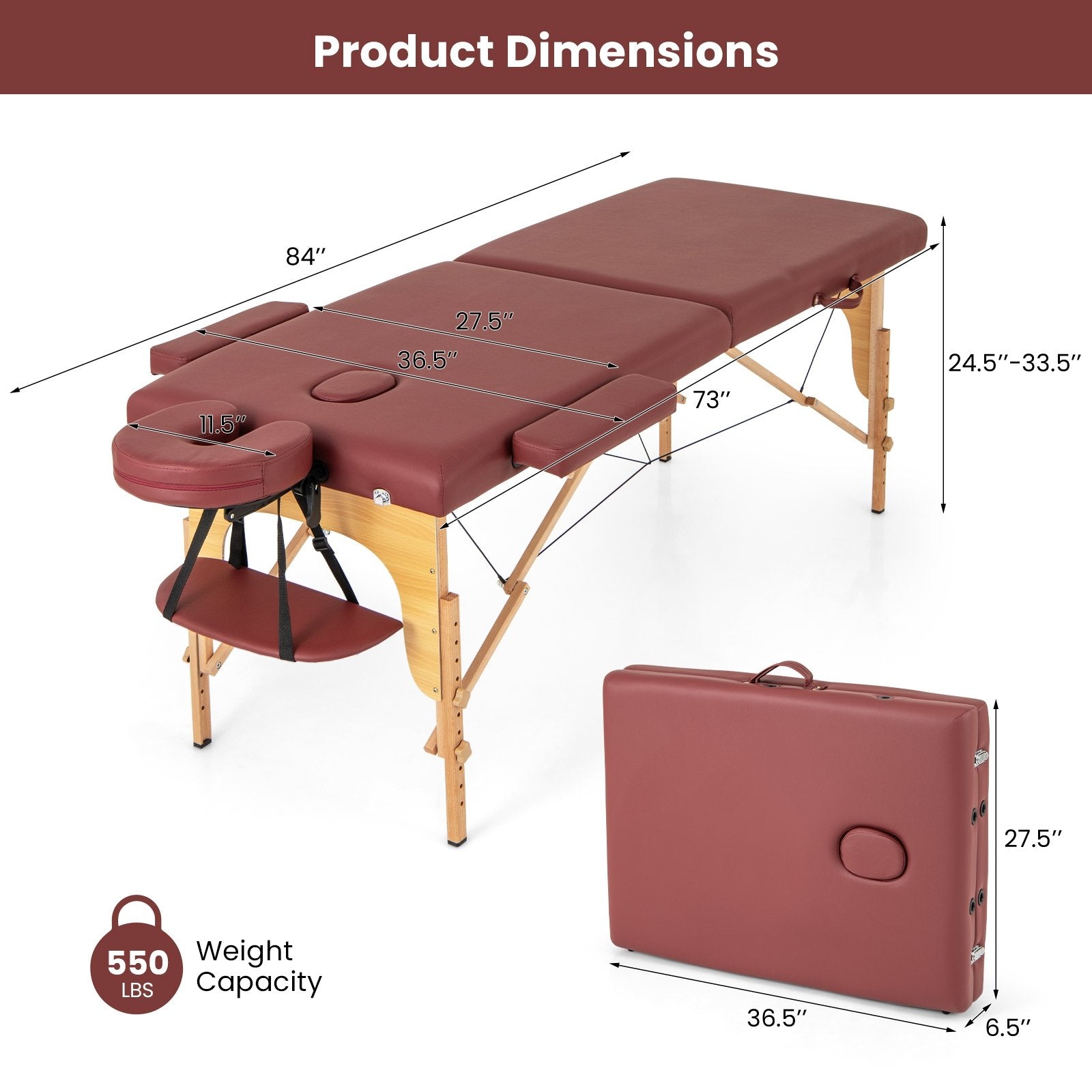 84 Inch Foldable Massage Table with Carrying Bag and Height Adjustable, Red Spa & Salon   at Gallery Canada