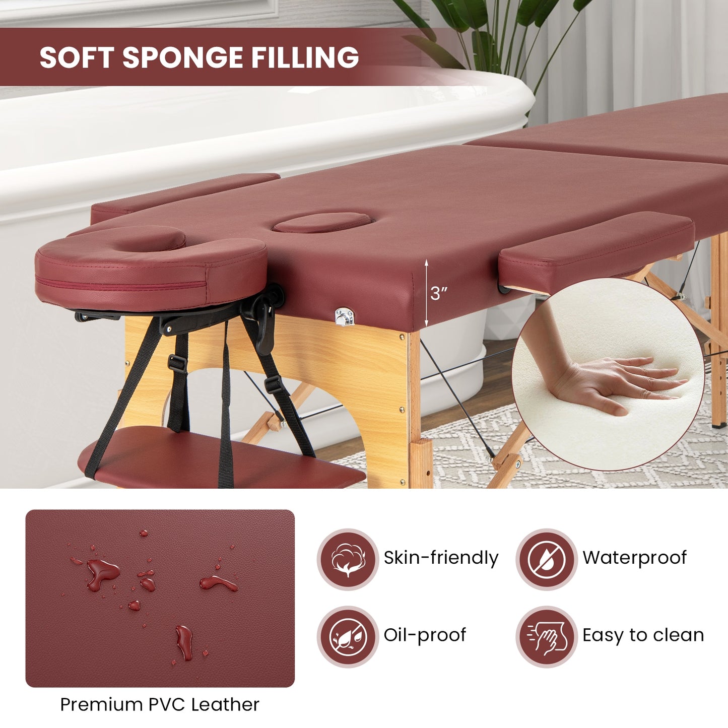 84 Inch Foldable Massage Table with Carrying Bag and Height Adjustable, Red Spa & Salon   at Gallery Canada