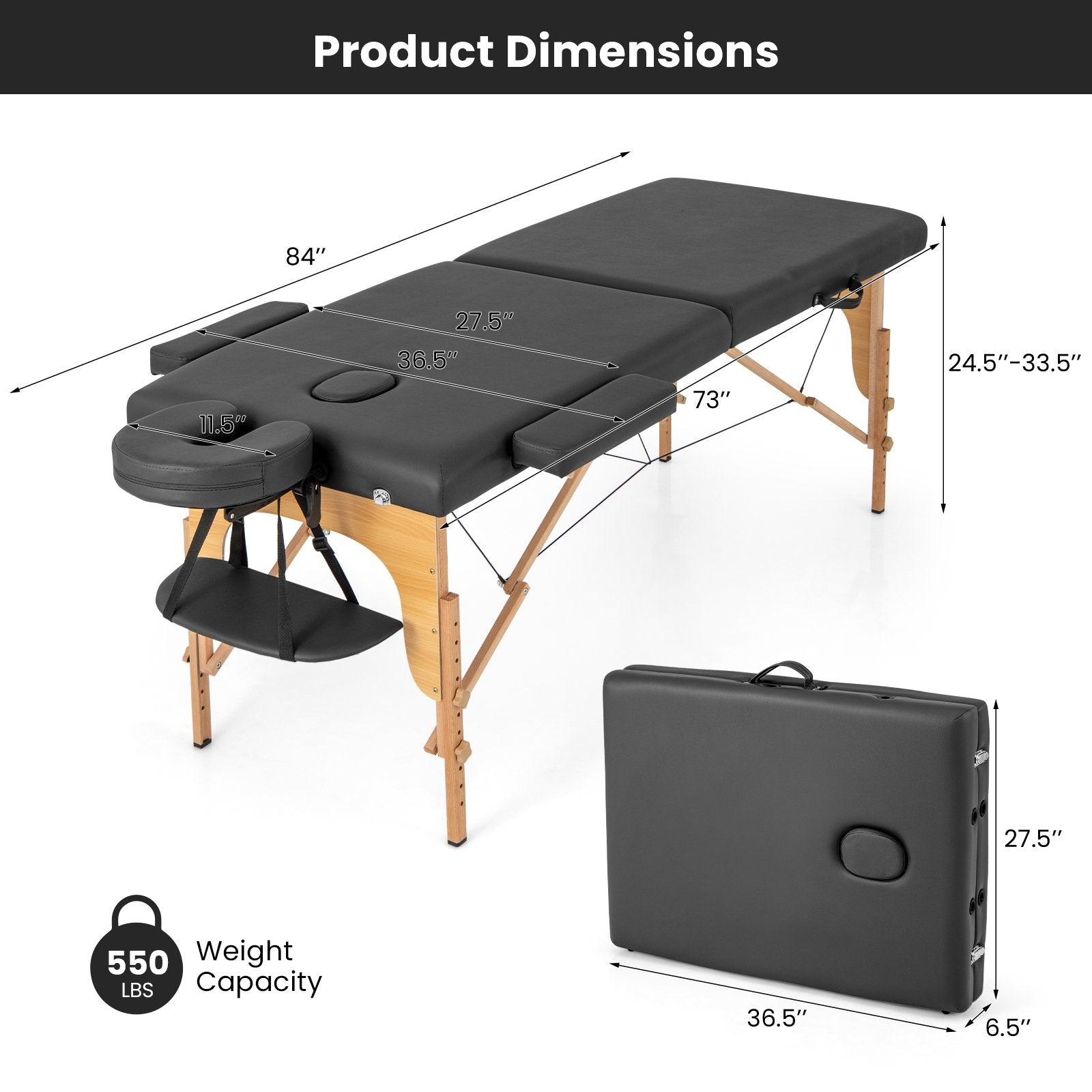 84 Inch Foldable Massage Table with Carrying Bag and Height Adjustable, Black Spa & Salon   at Gallery Canada