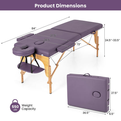 84 Inch Foldable Massage Table with Carrying Bag and Height Adjustable, Purple Spa & Salon   at Gallery Canada