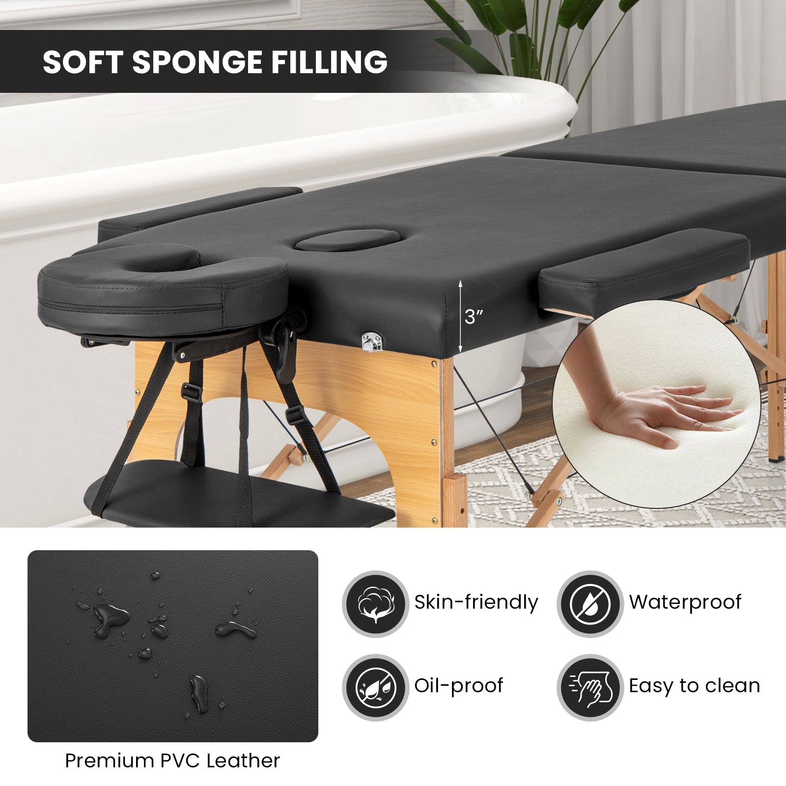 84 Inch Foldable Massage Table with Carrying Bag and Height Adjustable, Black Spa & Salon   at Gallery Canada