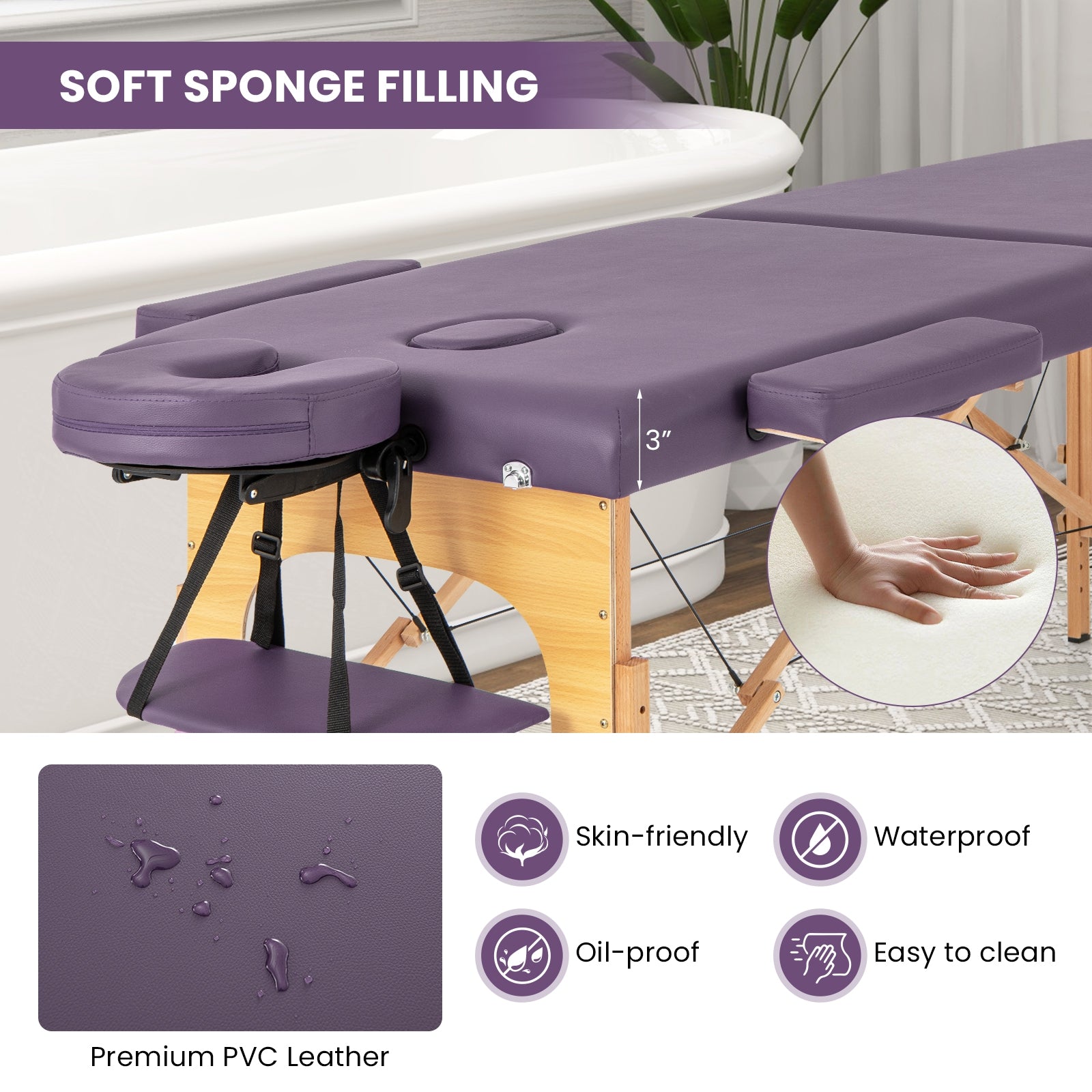 84 Inch Foldable Massage Table with Carrying Bag and Height Adjustable, Purple Spa & Salon   at Gallery Canada